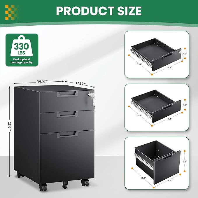Mobile File Cabinet,3 Drawer Locking Storage Filing Cabinet,Office Metal Storage Cabinet on Wheels for Legal/Letter/A4 File(Fully Assembled，Black)