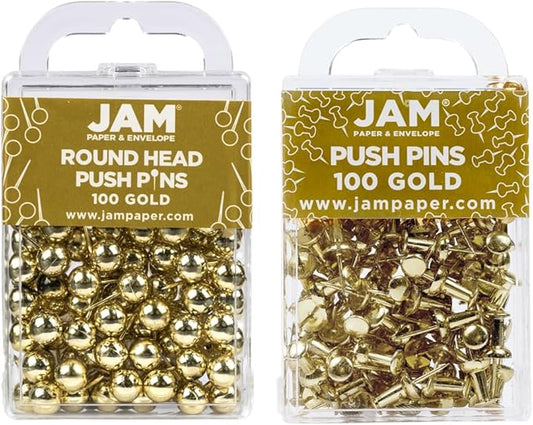 JAM PAPER Colorful Push Pins - Flat & Round Head Thumb Tack Combo Set - Gold Pushpins - 200/Pack
