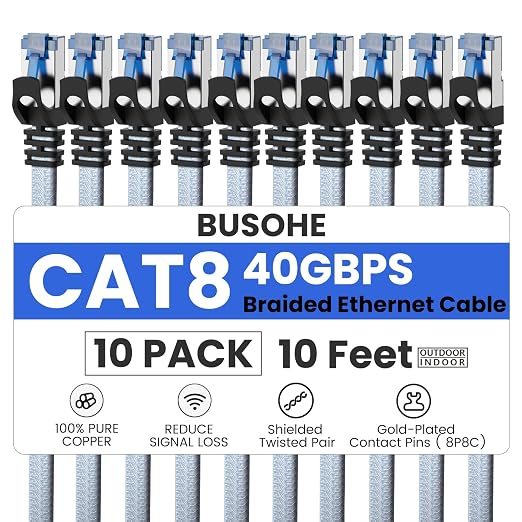 BUSOHE Cat 8 Ethernet Cable 10 FT 10 Pack, Nylon Braided High Speed Heavy Duty by BUSOHE
