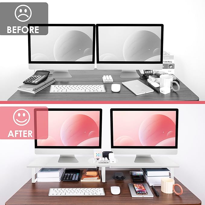 Dual-Monitor-Riser-Stand-For-Desk, Large Monitor Stand Riser For 2 Monitors With Adjustable Length Angle, Double Computer Riser For Desktop Organizer, Monitor Shelf Riser