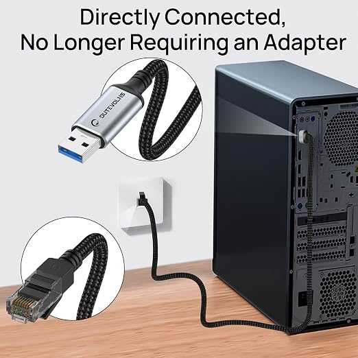 USB to Ethernet Cable 10 FT, USB 3.0 A to RJ45 Male Nylon Adapters, Gigabit - Image 2