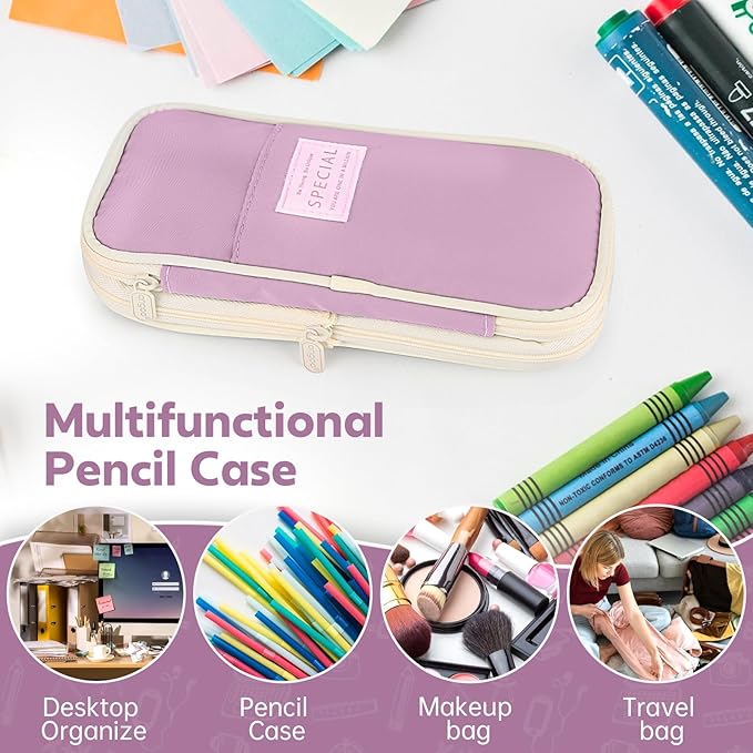 Pencil Case, Large Capacity Aesthetic Pencil Cases with Durable Zipper, Big Stationery Pencil Pouch for Women & Men, Adults Portable Storage Organizer Bag for College, office, Travel (Purple)