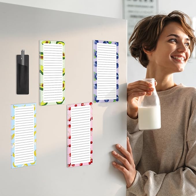 4 Pack Magnetic Note Pad for Fridge with Pen Holder, Totally 200 Sheets Magnetic To Do List, Grocery List, Shopping List, Memo Pads for Refrigerator（Fruit Design）