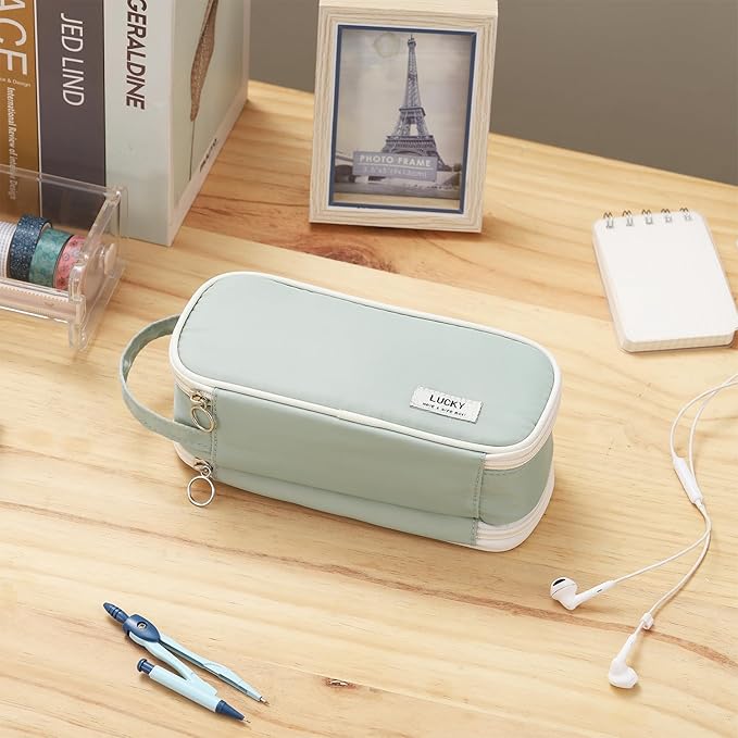 Large Pencil Case Zipper Pencil Pouch for Girls Adults Kids Aesthetic Pencil Bag with Handle Portable Big Capacity Pen Bag Organizer for School Office Green