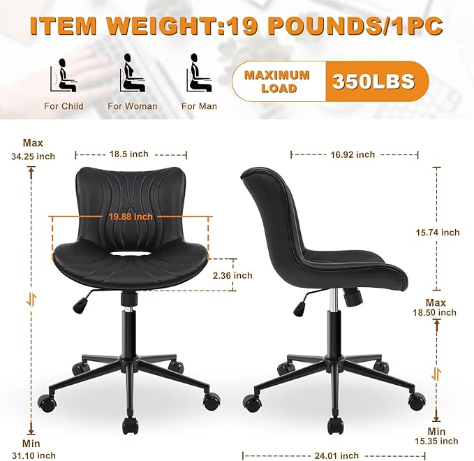 Office Chair, Armless Desk Chair with Wheels, Ergonomic Comfy Home Office Computer Task Chairs, Faux Leather Padded Cute Vanity Chair, Adjustable Height Swivel Chair with Back,Black