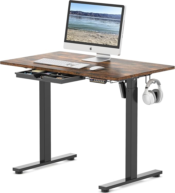 SHW 40-Inch Electric Height Adjustable Standing Desk with Drawer, Memory Preset and Cable Management Tray, Rustic Brown