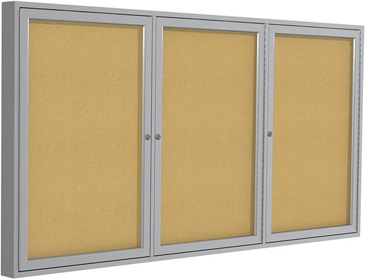 Ghent 36" x 72" 3-Door Indoor Enclosed Bulletin Board with Lock, Cork Material, Shatter Resistant Acrylic Panels, Made in the USA, Satin Aluminum Frame
