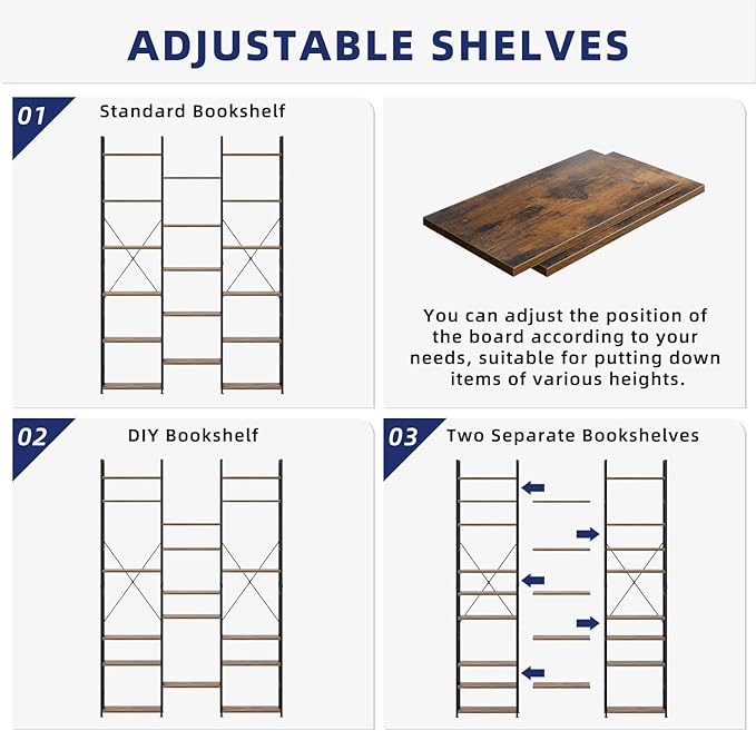 NUMENN Triple Column 6 Tier Bookshelf, Bookcase with 17 Open Display Shelves, Adjustable Rustic Industrial Style Book Shelves, Modern Bookshelves for Bedroom, Living Room and Home Office, Vintage