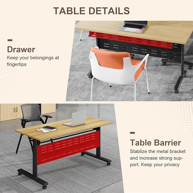 Folding Conference Room Table, Modern Conference Tables with Wheels, Large Rectangular Mobile Training Tables for Office Classroom, Foldable Modular Boardroom Seminar Table Maple (6pack L47.2in)