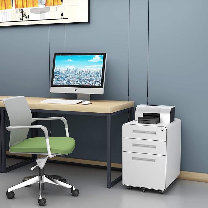 STANI 3 Drawer Filing Cabinet, Metal Filing Cabinet Legal/Letter Size with Lock, Mobile Storage Cabinet for Home and Office, Fully Assembled Except Wheels White