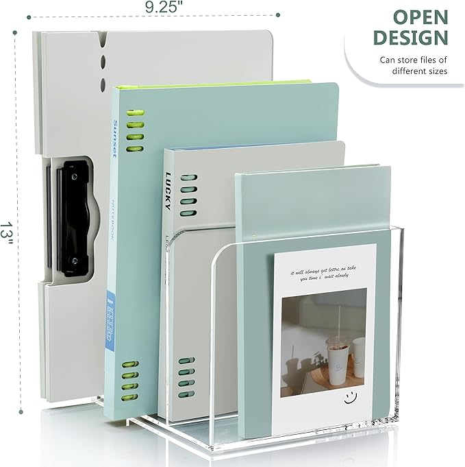 Acrylic Magazine Holder Desk Organizer Workspace Sorters，Clear Bookend File Sorter Holder，Folder Rack, Office Accessories Organization Storage with 3 Vertical Compartments