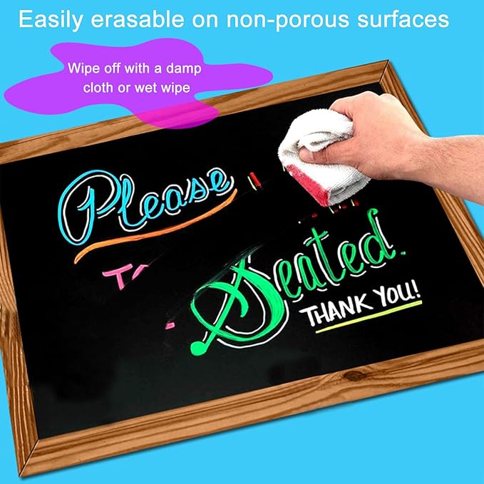 12 Colors Washable Window Markers for Cars, 15mm Jumbo Liquid Chalk Markers, 3 in 1 Nib, Metallic & Neon Paint Glass Pen for Auto, Chalkboard, Blackboard, Bistro, Menus and Any Non-Porous Surface