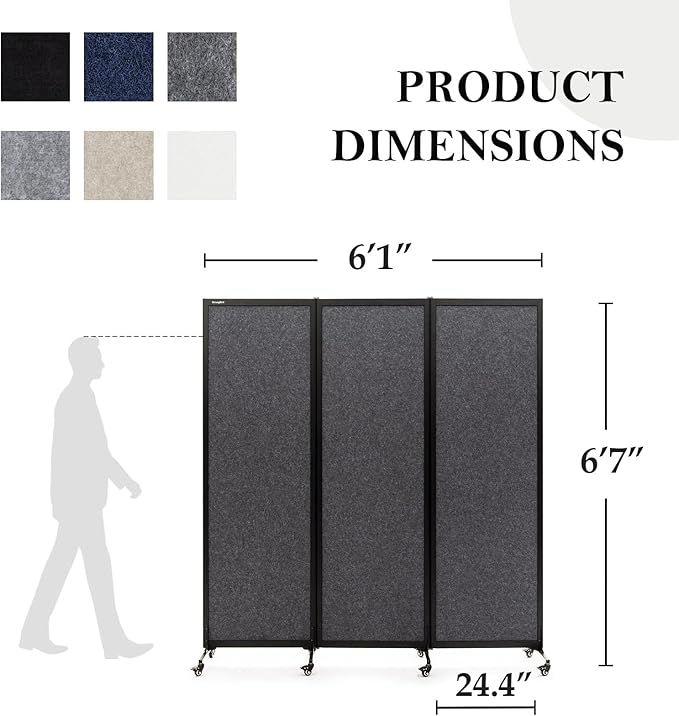 Upgrade Version Room Partition and Divider, Freestanding Rolling Dividers with Wheels,Office Privacy Screen Divider Wall,Classroom Felt Dividers,6'L* 6'7"H,3 Panel,Dark Grey