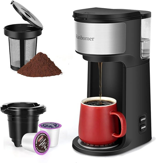 K Cup Coffee Maker, Single Serve coffee machine or Ground Coffee Machine 2 in 1, 6 to 14 Oz Brew Sizes, Mini One Cup Coffee Maker with Self cleaning Function, Fits Travel Mug, Black