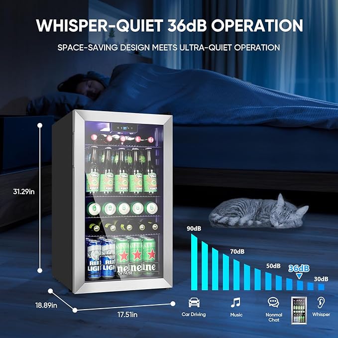 120 Can Beverage Refrigerator – Mini Fridge with Glass Door for Soda Beer or Wine, Beverage Cooler for Bedroom, Office, Bar with Adjustable Shelves & Digital Temperature Display, Silver