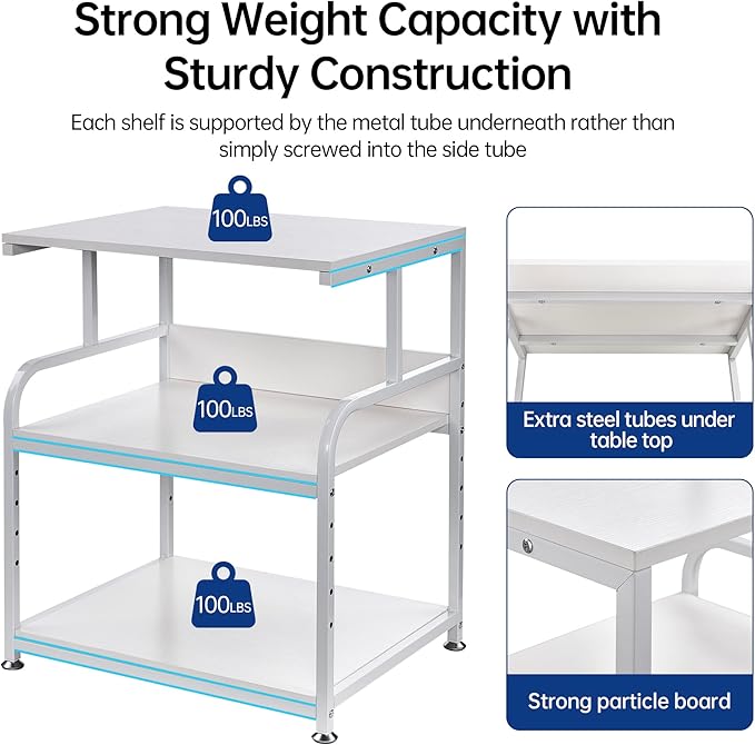 White Printer Stand, 23.6 x18.9 x 30 Inches Big Size Printer Table with Adjustable Shelf, 3 Tier Rolling Printer Cart with Wheels for Home Office Storage and Organization