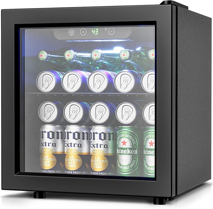 50 Cans Beverage Refrigerator Cooler, 1.3 Cu.Ft Mini Fridge with Glass Door for Soda Beer Drink Wine, Countertop Small Fridge for Bedroom Dorm Office Home Bar, Black