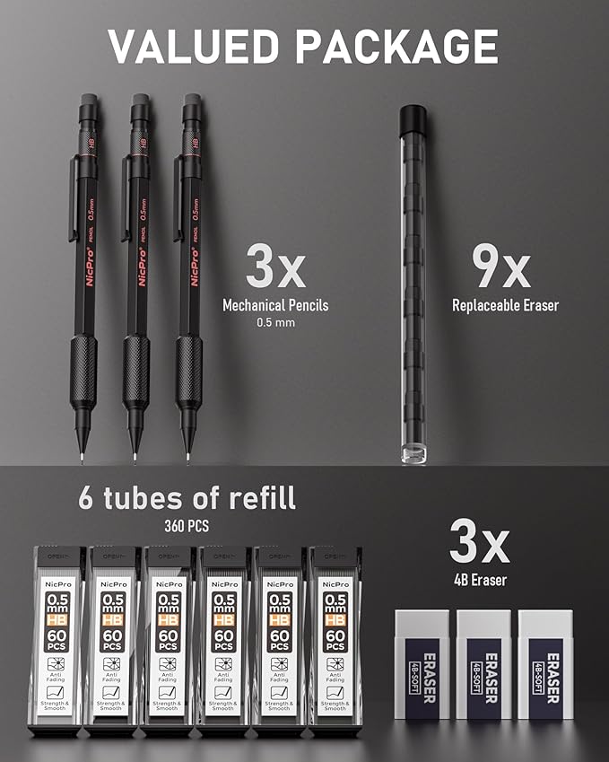 Nicpro 0.5 mm Mechanical Pencil Set with Case, 3PCS MP2000 Metal Artist Mechanical Pencil With 6 Tube HB Lead Refills, Eraser, Weatherproof Barrel for Outdoor Writing Drafting Drawing Sketching