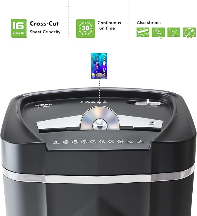 Aurora Anti-Jam 16-Sheet Crosscut Paper/CD and Credit Card Shredder/ 5-Gallon pullout Basket 30 Minutes Continuous Run Time
