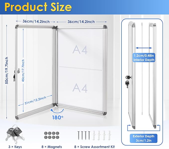 SWANCROWN Enclosed Bulletin Board Dry Erase Noticeboard Lockable Display Boards White with Aluminium Frame 20x14inch(2xA4)
