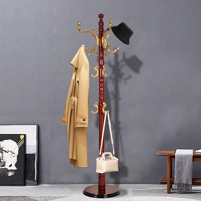 Coat Racks Free Standing with 14 Hooks, Natural Wood Coat Rack with Solid Round Base, Adjustable Height Coat Racks, Easy Assembly for Hallway, Bedroom and Office (Begonia color)