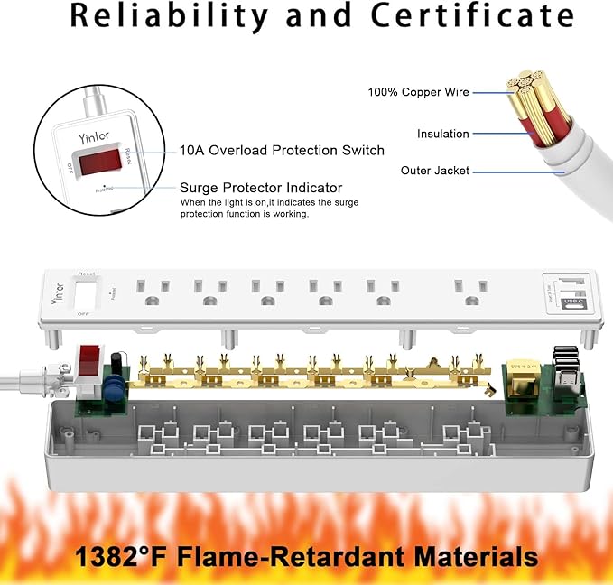 6 Ft Power Strip Surge Protector - Yintar Extension Cord with 6 AC Outlets and 3 USB Ports for Home, Office, Dorm Essentials, 1680 Joules, ETL Listed, White