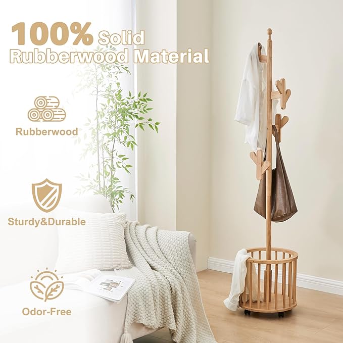 Uniclinens Solid Wood Coat Rack Freestanding with Umbrella Holder, Tree Coat Rack Stand with Lockable Universal Casters & 12 Hooks for Entryway Bedroom, Natural
