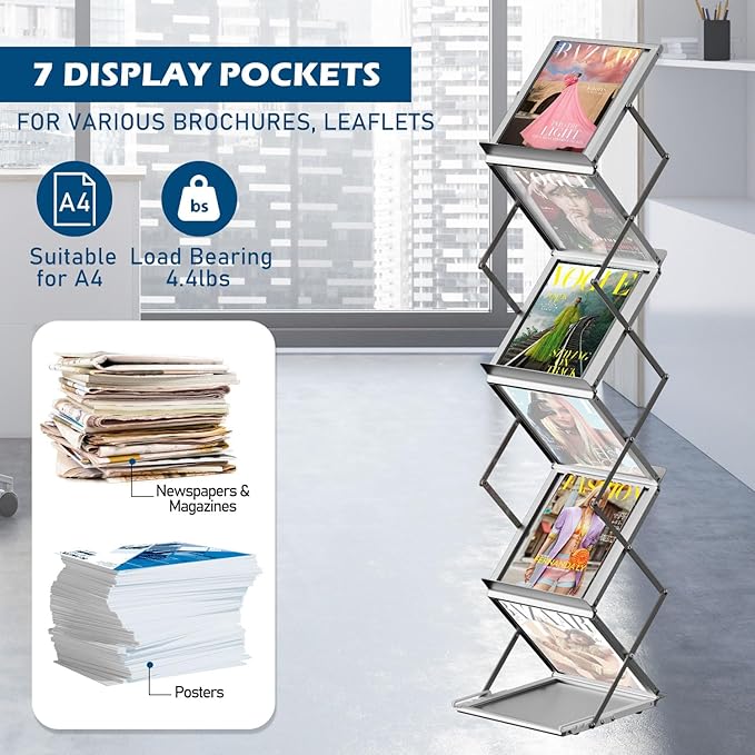 6 Pockets Foldable Aluminum Magazine Rack - Brochure Display Stand, Brochure Catalog Literature Display Stand with Carrying Bag for Exhibition, Trade Show, Office, Retail Store