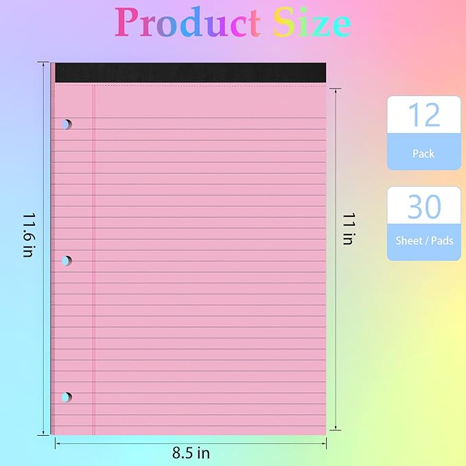 HAUTOCO 12 Pack 8.5 x 11 Legal Pads Colored Wide Ruled Notepads Perforated Writing Pads, 30 Sheets Per Notepad, 3-Hole Punched Paper, Writing Note Pads for School, Home, Office, Business