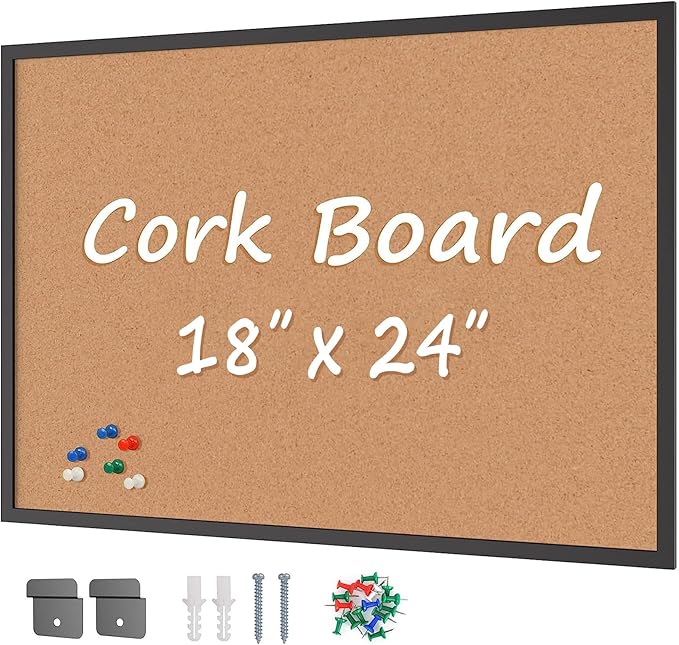 Board2by Cork Board Bulletin Board 24“ x 18”, Black Wood Framed Corkboard, Office Board for Wall Cork, Large Wall Mounted Notice Pin Board with 16 Push Pins for School, Home & Office