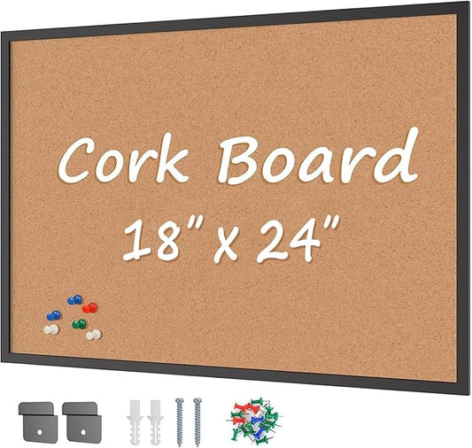 Board2by Cork Board Bulletin Board 24“ x 18”, Black Wood Framed Corkboard, Office Board for Wall Cork, Large Wall Mounted Notice Pin Board with 16 Push Pins for School, Home & Office