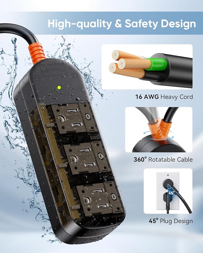 IPX6 Outdoor Power Strip Weatherproof, Surge Protector with 6FT Extension Cord 3 Outlets, Waterproof Power Strip 1875W Overload Protection for Kitchen Patio Christmas Lights, Clear Black