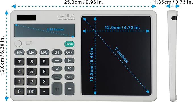 Desk Calculator Large Display with 7'' Erasable Writing Pad, 12 Digits Large Screen Display Jumbo Calculadora, Solar & Battery Powered Big Button Calculators for Business Office School, White