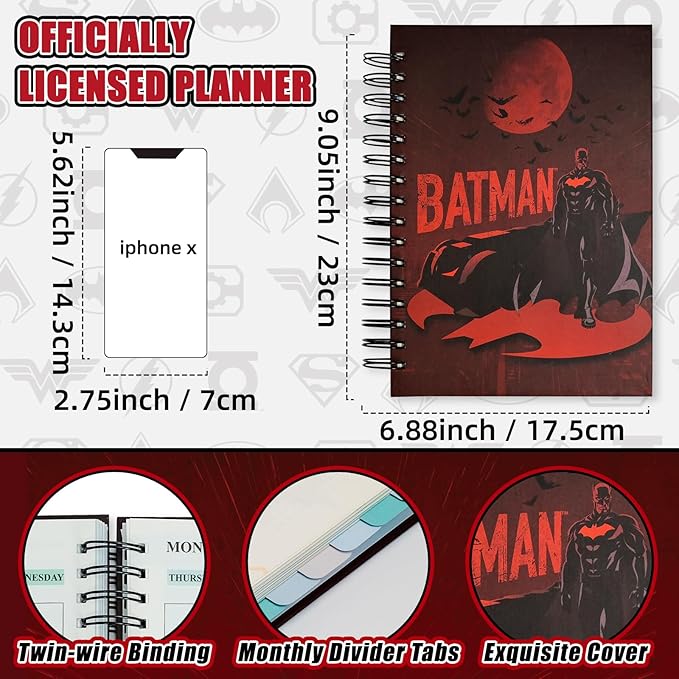 Super Hero Academic Planner, Weekly Monthly Daily Agenda, Custom Date Organizer for Time Management, Spiral Bound Notebook with Colorful Tabs, Datebooks for Reward School Teacher (Red)