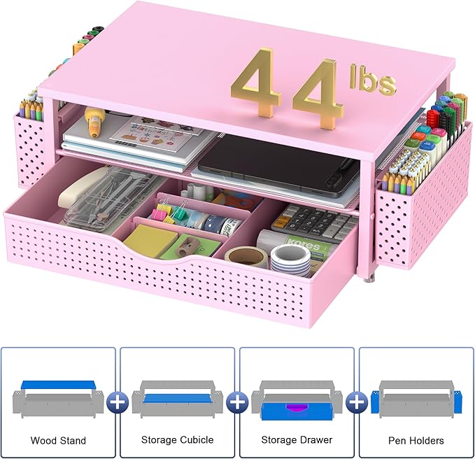Desk Organizer and Accessories, Computer Monitor Stand Riser with Drawer and 2 Pen Holders, Office Desk Accessories & Workspace Organizers for Office Supplies (Pink)
