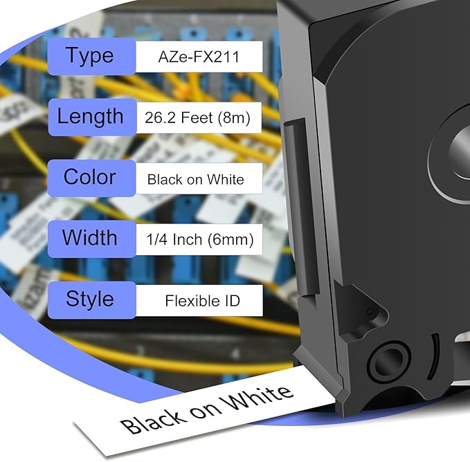 2 Pack 6mm 0.23'' FX211 Laminated Tape Compatible for Ptouch TZ TZe Flexible ID Cable Wires Labels Black on White 1/4" for PTD200 D210 D400 D600 PTH100 H110 PTP300BT PTP700 PTP710BT