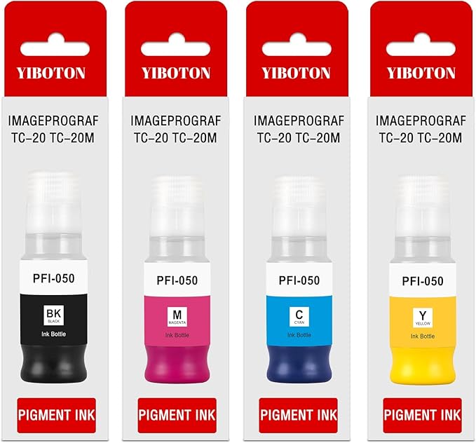 PFI050 PFI-050 Ink Black Cyan Magenta Yellow Ink Compatible for Canon PFI050 PFI-050 imagePROGRAF TC-21 TC-21M TC-20 TC-20M Printers Ink (4-Pack 70ML)
