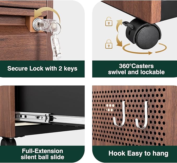 2 Drawer Mobile File Cabinet,Metal File Cabinet with Lock，Lateral Printer Stand Filling Storage Cabinet for Home Office-A4/F4/Letter（Wood