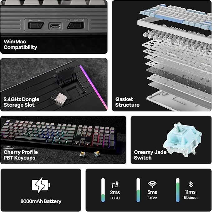 EPOMAKER TH108 Full Size Mechanical Keyboard, Wireless Gaming Keyboard with 8000mAh Battery, Creamy Gasket, 108 Keys, Hot Swap, Custom Driver, RGB Backlight (Black, Creamy Jade)