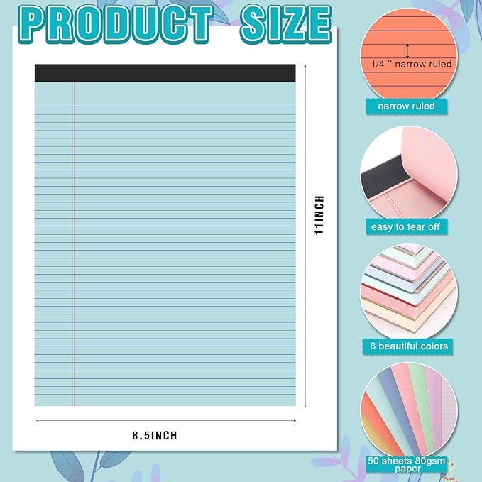 Fuutreo 8 Pcs 8.5'' x 11'' Colored Legal Pad Writing Pads Narrow Ruled 50 Sheets Per Notepad Perforated Writing Notepad Office Supplies for College Office Business (Candy Color)