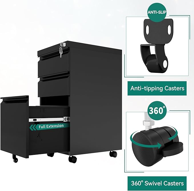 YITAHOME 3 Drawer File Cabinet with Lock, 20” Deep Office Vertical Files, Mobile Metal Filing Cabinet, Metal Vertical Filing Storage Cabinet for Letters/Legal/A4 Size，Black