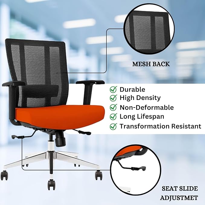 Ergonomic Office Chair - Breathable Mesh Back with Adjustable Lumbar Support, 3D Armrests, Tilt Function, and 360° Swivel Wheels - Perfect for Home Office or Conference Room - Stylish Tangerine Design