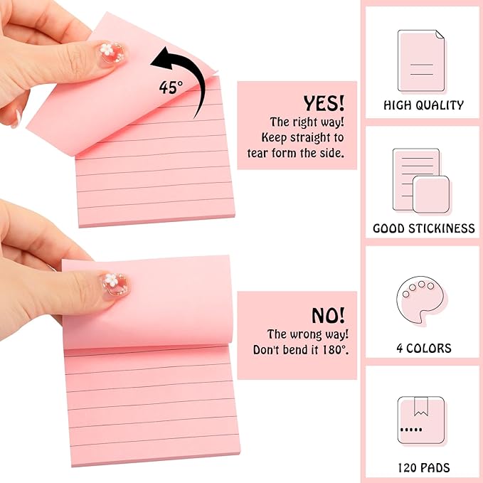 Fainne 120 Pack Sticky Notes 3x3 Bulk Back to School Supplies Self Stick Note Pads Lined Adhesive Paper Memo Colorful Gifts for First Day of School Student Teacher Office, 50 Sheets/Pad