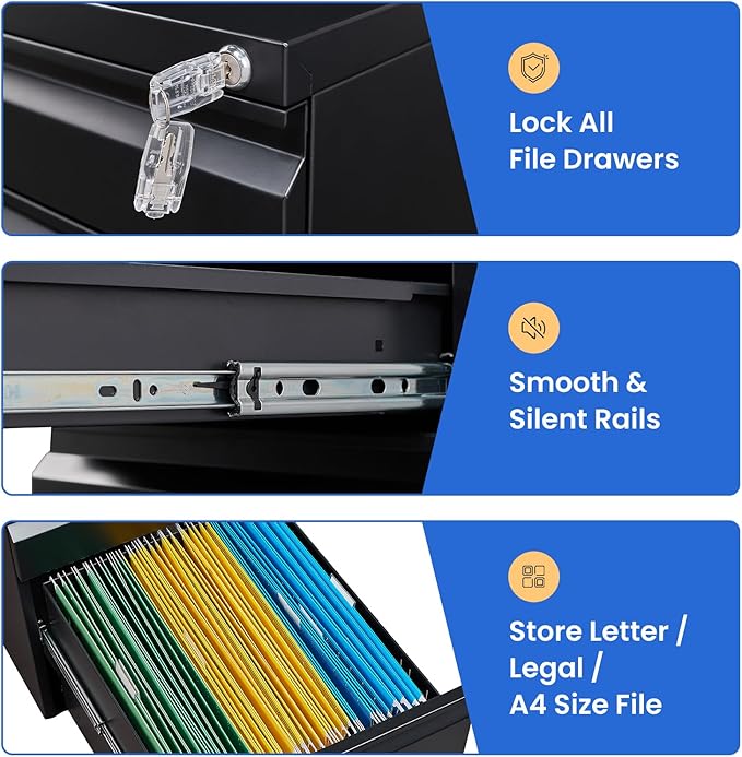 MIIIKO File Cabinet 3 Drawers on Wheels Under Desk, Black Metal Rolling File Cabinets with Lock for Home Office, Un-Assembled Filing Cabinet with Lock