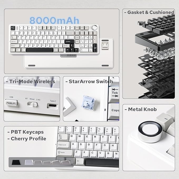 EPOMAKER X Aula F99 PRO Wireless Gaming Keyboard with 8000mAh Battery, Hot Swappable Creamy Keyboard, 2.4GHz/Type-C/BT5.0, NKRO, RGB Backlit for Win/Mac/Gaming (Black&Grey&White)