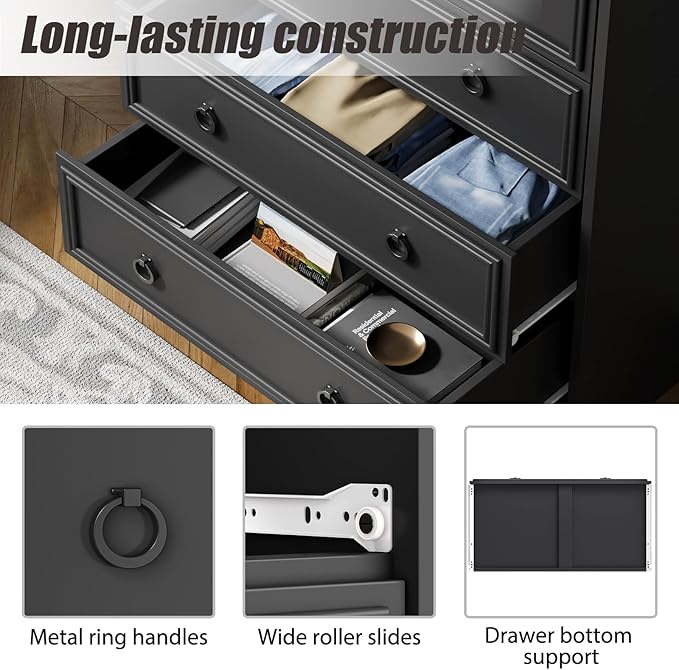 LGHM Modern 4 Drawer Dresser, Tall Dressers for Bedroom, Chest of Drawers Closet Organizers and Storage for Clothes - Easy Pull Handle, Textured Borders Drawers for Living Room, Hallway, Black