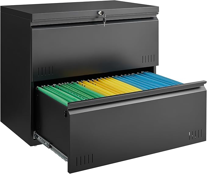 Metal File Cabinet with Lock, 2 Drawer Lateral File Cabinets for Home Office, Printer Stand, Heavy Duty Office Storage Cabinet for A4/Letter/Legal Size, Assembly Required(Black)