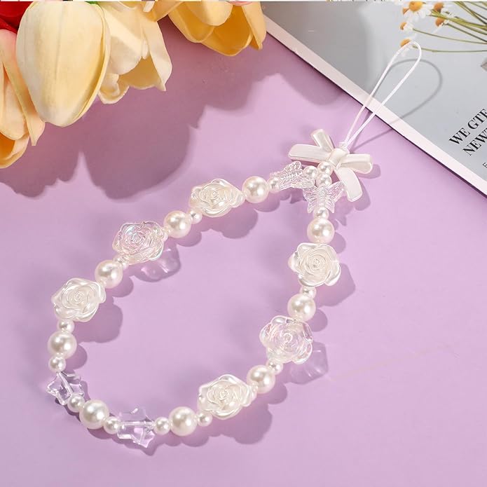 Ecally 3 Pcs Phone Charms Strap Camera Charm Strap Pearl Beaded Butterfly Bow - Image 3