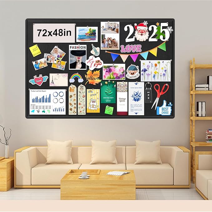 Large Bulletin Board, Foldable 72x48 Inches Cork Board Alternative, Large Felt Board Decorative Pin Board for Wall, Foldable Photo Board Self-Adhesive Vision Board with 36 Pushpins Black