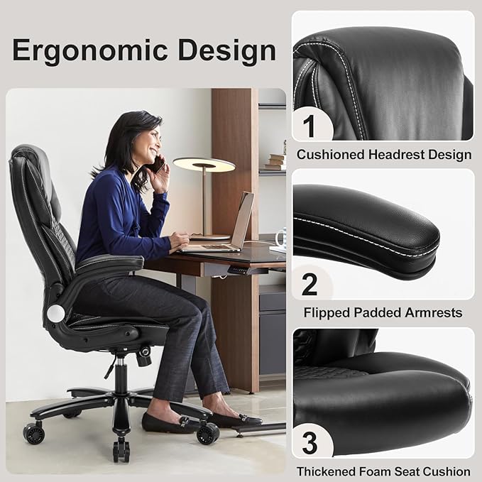 Home Office Chair, Executive Comeputer Desk Chair Ergonomic Office Chair with Adjustable Lumbar Support, Tilt Lock, PU Leather, Swivel Rolling Chair for Gaming Adult Working Study-Black